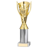 GOLD/WHITE PLASTIC 'FLASH' CUP ASSEMBLED ON MARBLE (1in CEN) - 10in